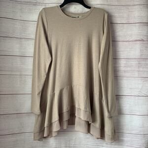 Logo Lounge by Lori Goldstein Taupe Jersey Knit Tunic Ruffle Pockets Size M